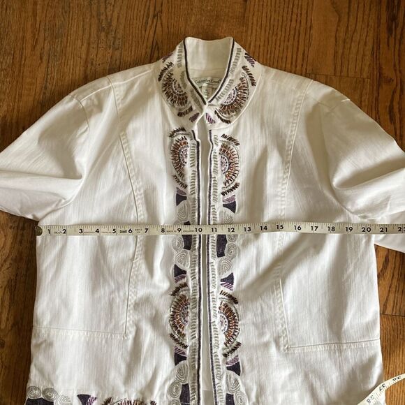 Embellished & Embroidered Coldwater Creek White Denim Open Front Jacket Size PL - Picture 12 of 12